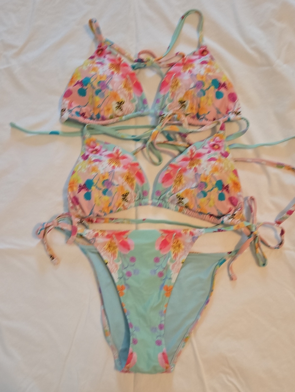 American Eagle Outfitters Mint & Pink Floral Triangle Bikini